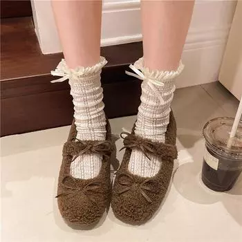 2024 Осень и зима Женская обувь с бантом и круглым носком Повседневные удобные кроссовки с бабочкой 35 бежевый