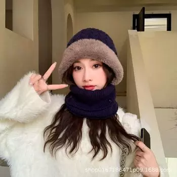 2024 осень и зима женская толстая вязаная шапка шарф универсальная защита от холода защита ушей плюшевая шапка плюшевая холодная шапка One size хаки