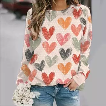 2024 Осень и зима Женская толстовка с капюшоном на плече с принтом ко Дню святого Валентина Любовь 3D Свободная футболка с длинными рукавами и круглым вырезом S