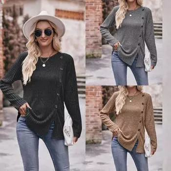 2024 Осень и зима женские рубашки однотонные с круглым вырезом с рисунком в виде ямок и разрезами на пуговицах, блузка с длинными рукавами, повседневная рубашка S