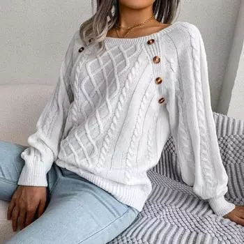 2024 Осень и зима Женский пуловер с квадратным воротником, свитер, повседневные пуговицы, трикотажные свитера с длинным рукавом, женская одежда 1983 S белый