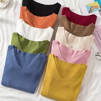 2024 Осень и зима Женский трикотажный свитер с V-образным вырезом и длинными рукавами, облегающий низ, рубашка, топ, пуловер, тонкие свитера, однотонная одежда 2165 One Size чёрный