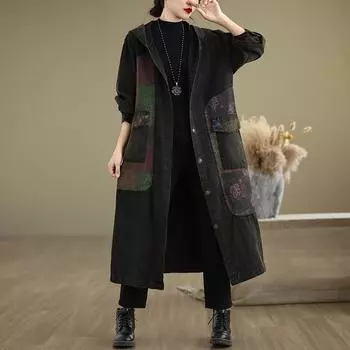 2024 осень куртка ретро сращивание с капюшоном джинсовая куртка свободная большая версия средний и длинный тренчкот M чёрный