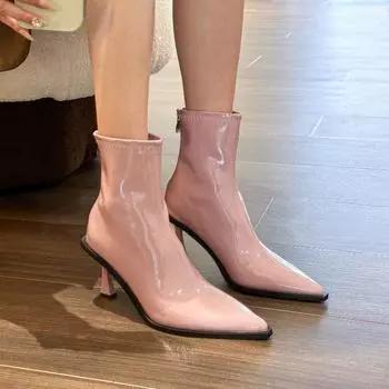 2024 Осень Лакированная Кожа Весна и Осень Одиночные Сапоги Нежные Светло-Фиолетовые Остроконечные Сапоги На Высоком Каблуке Короткие Женские 35 покинуть белый