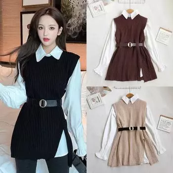 2024 осень мода джемперы офис леди пуловер женский свитер жилет фонарь рукав рубашка комплект из двух частей с поясом One Size чёрный