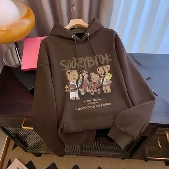 2024 осень мода толстовки женские мультфильм принт карман тонкий худи спортивные фитнес толстовки модные повседневные свободные пуловеры M розовый