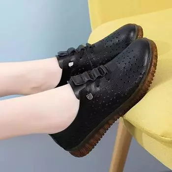 2024 осень мягкая подошва белые туфли женские большие полые туфли для мам корейская версия маленькие кожаные туфли повседневная обувь Doudou 35 белый