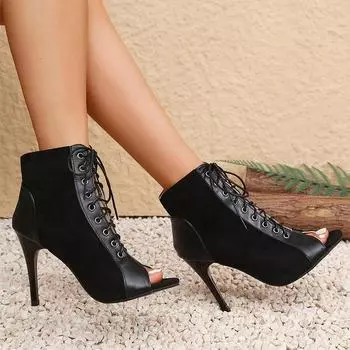 2024 осень на шнуровке крутые ботинки женские полые короткие ботинки босоножки на шпильке с высоким каблуком босоножки большого размера с открытым носком 35 чёрный