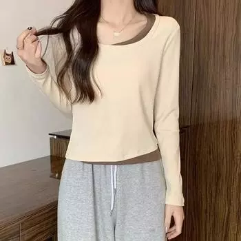 2024 Осень Нестандартная Футболка С Длинным Рукавом Женская Дизайнерская Строчка Контрастного Цвета Короткий Стиль Вестерн Стиль Кард-Вайз Нижний Верх S