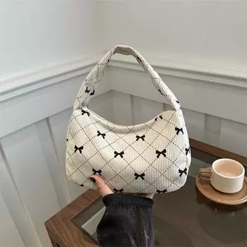2024 Осень Новая Клетчатая Сумка Полумесяца На Одно Плечо Подмышкой Простая Милая Бантик Повседневная Сумка Большой Вместимости серый