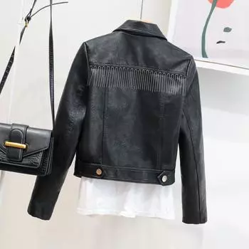 2024 осень новая мода бахрома бисерная маленькая кожаная куртка короткая женская однобортная кожаная куртка с лацканами S чёрный