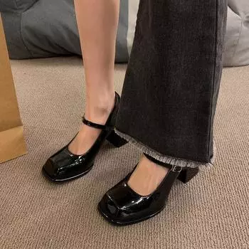 2024 Осень Новая мода пряжки толстые каблуки высокие каблуки для леди платформы панк обувь 34 чёрный