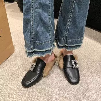 2024 Осень Новая мода Женская удобная обувь Волосатые бархатные тапочки на толстом каблуке Туфли с открытой пяткой 35 бежевый