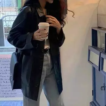 2024 осень новая ретро простая универсальная свободная повседневная куртка из искусственной кожи женская одежда M чёрный