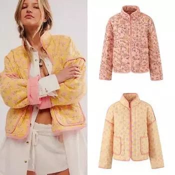 2024 Осень Новая Верхняя Одежда С Принтом Стеганая Хлопковая Куртка С V-образным Вырезом Модные Стеганые Пальто С Длинными Рукавами Однобортное Свободное Пальто S розовый