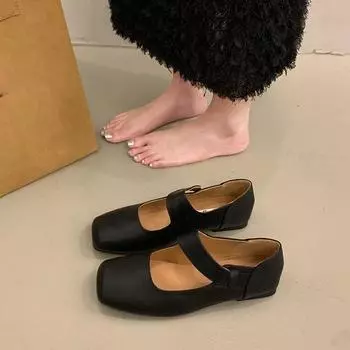2024 Осень Новая женская мода квадратный носок Ankel ремешок мюли дамы элегантные балетки Мэри Джейн повседневные лоферы плоские туфли 35 чёрный