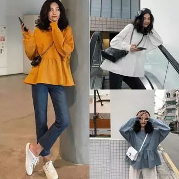 2024 осень новая женская одежда свободная и тонкая студенческая повседневная однотонная футболка с длинными рукавами свитер женская M чёрный