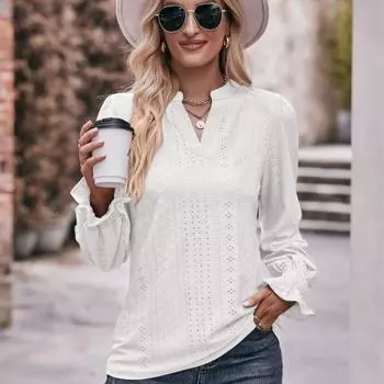 2024 Осень Новая женская однотонная футболка с V-образным вырезом и длинным рукавом с рукавом-зонтиком S