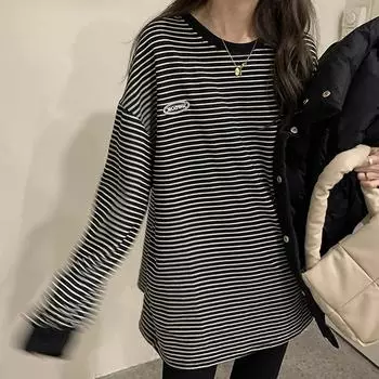 2024 Осень Новая женская толстовка с круглым вырезом и длинными рукавами Корейская версия Верхняя одежда Женская полосатая футболка Базовая рубашка XXL абрикосовый