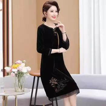 2024 осень новое платье для мам вышитое ретро золотое бархатное платье для женщин среднего и пожилого возраста большого размера юбка высокого класса XL чёрный