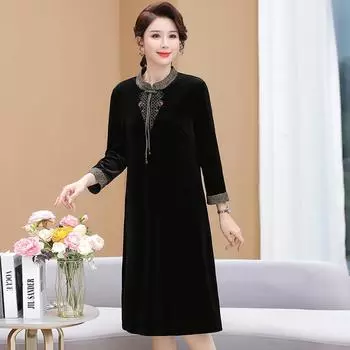 2024 осень новое платье для мам вышитое ретро золотое бархатное платье для женщин среднего и пожилого возраста модная юбка большого размера XL чёрный