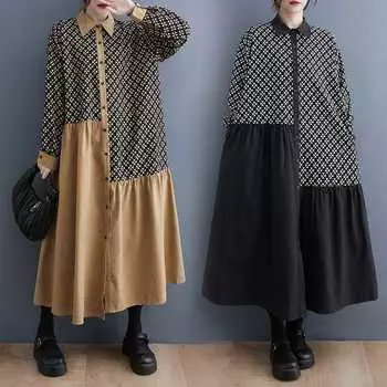 2024 Осень Новое Свободное Платье-рубашка больших размеров с принтом и строчкой средней длины в винтажном стиле с длинными рукавами Free size чёрный