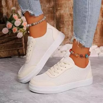 2024 осень новые большие размеры с круглым носком на шнуровке в тон с плоской подошвой удобные спортивные и повседневные белые туфли женские 36