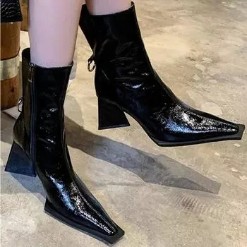 2024 Осень Новые Маленькие Квадратные Головы Толстый Высокий Каблук Короткие Сапоги Сапоги Для Верховой Езды Высокие Каблуки Модные Сапоги В Форме Треугольного Каблука 35-40 35 чёрный