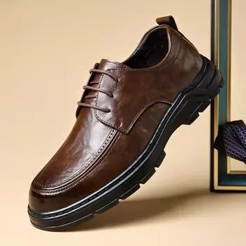2024 осень новые мужские деловые повседневные кожаные туфли мужские туфли для пап среднего возраста с круглым носком на шнуровке 23638 38 чёрный