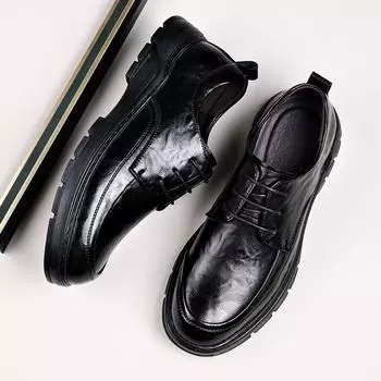 2024 осень новые мужские деловые повседневные кожаные туфли мужские туфли с круглым носком на шнуровке на платформе кожаные туфли среднего возраста 23636 38 чёрный