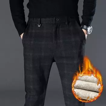 2024 Осень Новые мужские повседневные брюки Slim Fit Прямые зимние флисовые деловые сетчатые брюки Small Leg Длинные брюки 28 серый