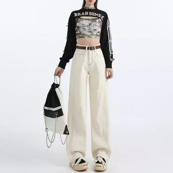 2024 Осень Новые Нежные Рисово-Абрикосовые Узкие Джинсы Прямые Широкие Джинсы Женские Обтягивающие Брюки До Пола С Высокой Талией S [recommended 80-47.5kg]