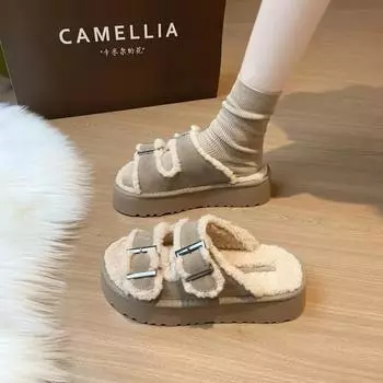 2024 Осень Новые плюшевые женские тапочки, Модные теплые домашние туфли с открытым носком на толстой подошве, Удобные женские тапочки 35