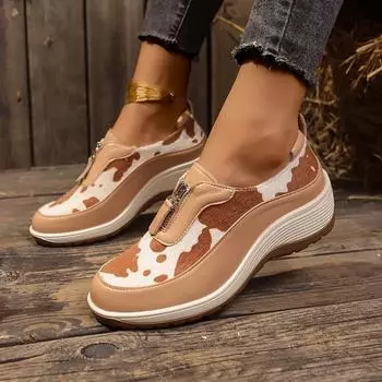 2024 осень новые повседневные туфли большого размера с леопардовым принтом в тон, на танкетке, на толстой подошве, с круглым носком 36