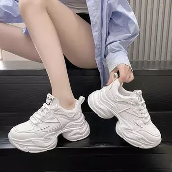 2024 осень новые повседневные туфли для папы на толстой подошве женские однотонные спортивные туфли на шнуровке с подошвой-бубликом прилив 35