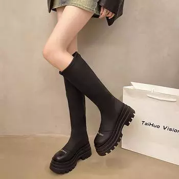 2024 осень новые сапоги до колена ретро толстый каблук круглый нос эластичные тонкие сапоги тонкие рыцарские сапоги на толстой подошве 35 чёрный