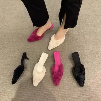 2024 осень новые тапочки женские модные темпераментные красивые цветные пушистые полутапочки женские тонкие каблуки высокие каблуки сумка голова перетаскивание 35 розы красного