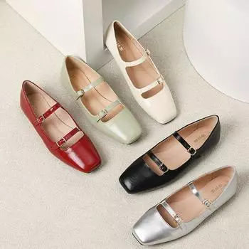 2024 Осень Новые Туфли-балетки с квадратным носком Туфли Мэри Джейн на низком каблуке Повседневные туфли с неглубокой двойной пряжкой Мягкая подошва Zapatos De Mujer 35 чёрный