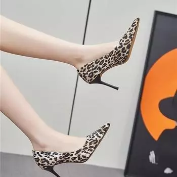 2024 Осень Новые Туфли На Тонком Каблуке Женская Мода Остроконечный Головной Узор Неглубокий Рот Леопардовый Принт Слип-он Темперамент Высокие Каблуки Женщины 34