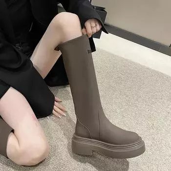 2024 Осень Новые Винтажные Длинные Сапоги Женские Миниатюрные Поднятые Каблуки Полиэстер Подкладка Резиновый Верх Сапоги В Стиле Ретро Для Женщин 35 чёрный