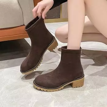 2024 Осень Новые женские ботильоны Модные женские ботильоны из искусственной замши на квадратном каблуке Однотонные повседневные ботинки на молнии Mujer 35 чёрный