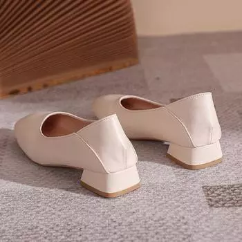 2024 осень новые женские модные удобные квадратные туфли с неглубоким носком в стиле ретро повседневные туфли на низком каблуке 34 бежевый