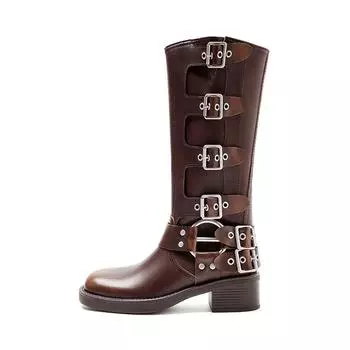 2024 Осень Новые женские сапоги Knight Square Head с пряжкой на ремне в стиле ретро 35 коричневый