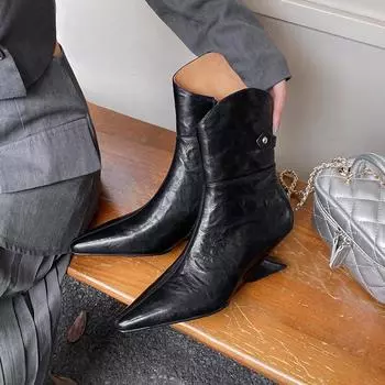 2024 Осень Новые женские сапоги с острым носком на каблуке-рюмочке из натуральной кожи для женщин Элегантные ботильоны на высоком каблуке Зимние сапоги 34 чёрный