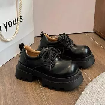 2024 Осень Новые Женские Туфли-лодочки На Толстой Подошве Женские Черные Мокасины, Увеличивающие Рост Модные Шнуровка Толстый Средний Каблук Zapato 35 чёрный