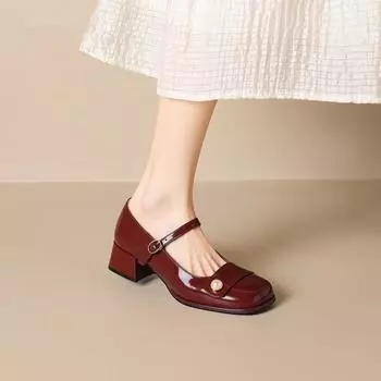 2024 Осень Новые женские туфли на высоком каблуке, модные туфли на толстом каблуке, повседневная женская одежда для вечеринок и работы, кожаные туфли Мэри Джейн 35 чёрный