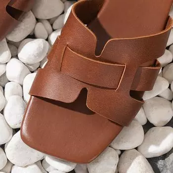 2024 осень новые женские туфли с плоским дном и квадратным носком кожаные тапочки женские сандалии большого размера женские 36 коричневый