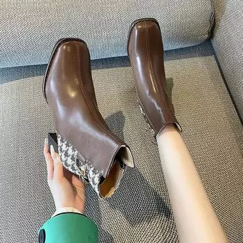 2024 осень новый британский стиль толстый каблук квадратный нос короткие ботинки Martin женские сращивание клетчатая ткань модные ботинки Челси 35 чёрный