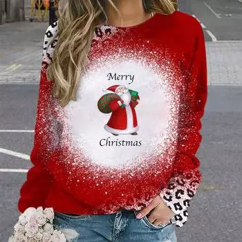 2024 Осень Новый Продукт Рождественский Леопардовый Узор Лося Снеговика Печатный Топ Круглый Вырез Длинный Рукав Модная Толстовка Для Женщин S