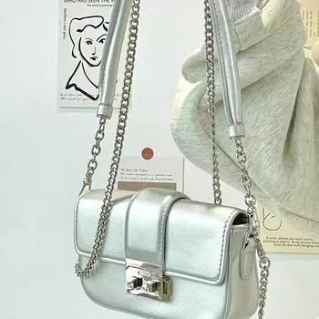 2024 осень новый простой темперамент маленькая квадратная сумка универсальная цепочка женская сумка-багет сумка подмышкой сумка через плечо сумка-мессенджер серебряный